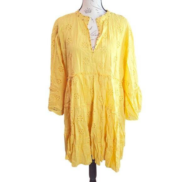 Rapsodia Balear Plain Dress Yellow Marigold Eyelet Bell Sleeve Women's Large - Picture 4 of 12